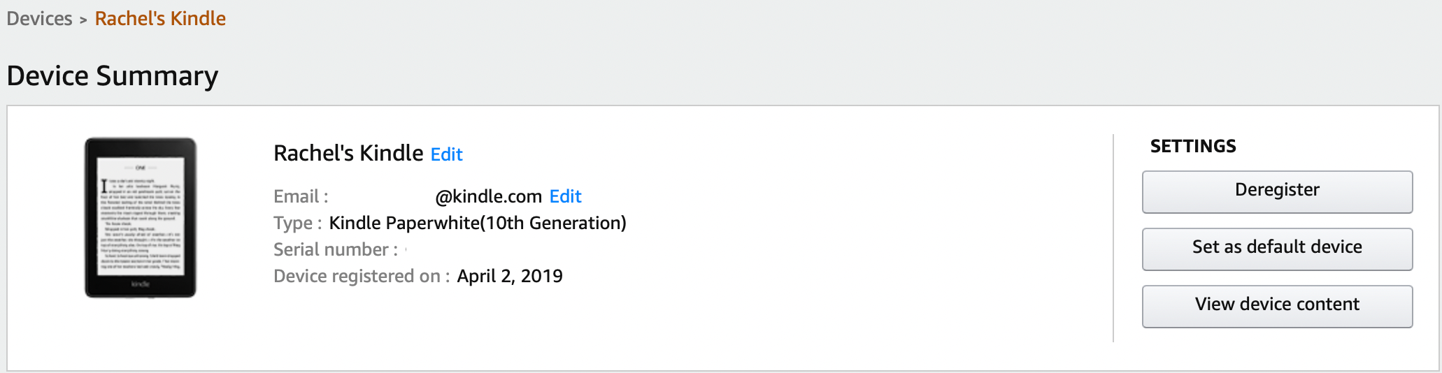 Экран Kindle с адресом электронной почты для отправки