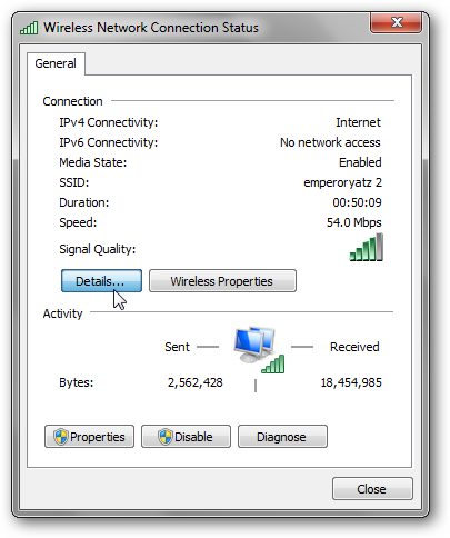 Скриншот меню статуса подключения и кнопки «Сведения…»