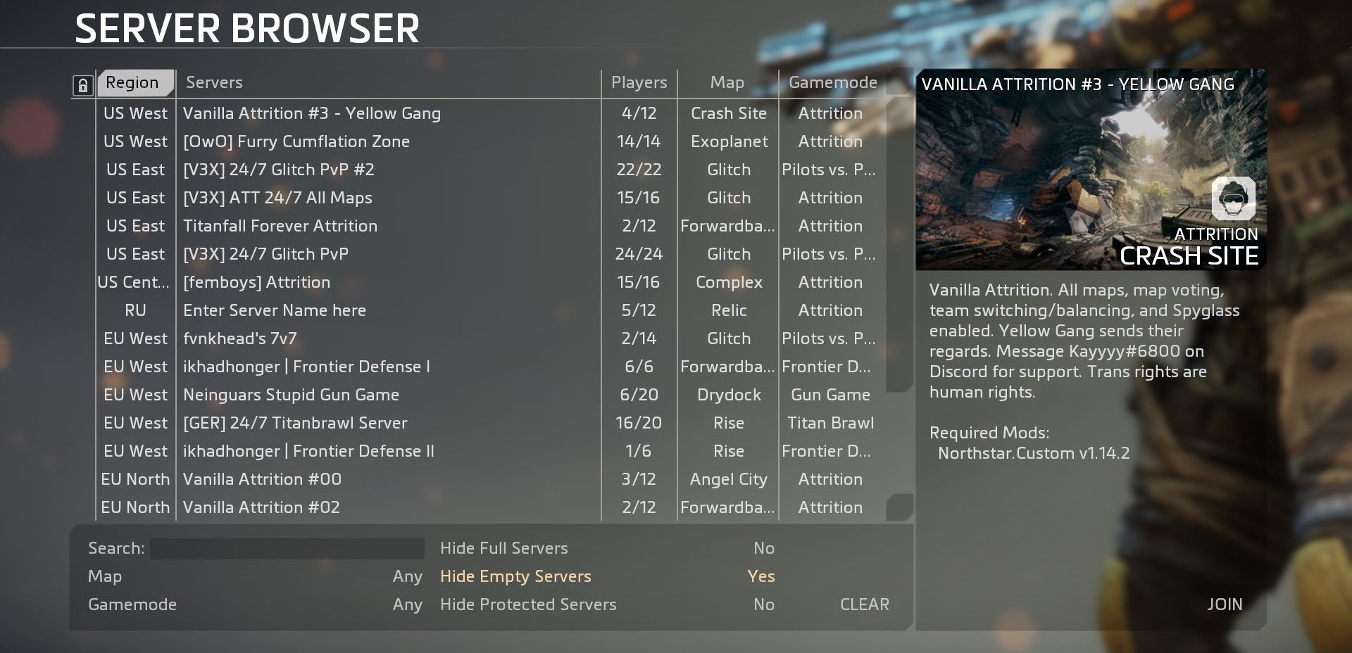 Список серверов Northstar с фильтрами