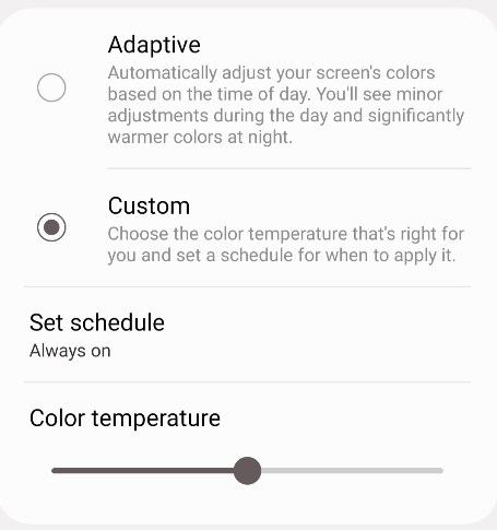 Параметры Eye Comfort Shield на Samsung