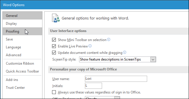 Раздел Правописание в параметрах Word