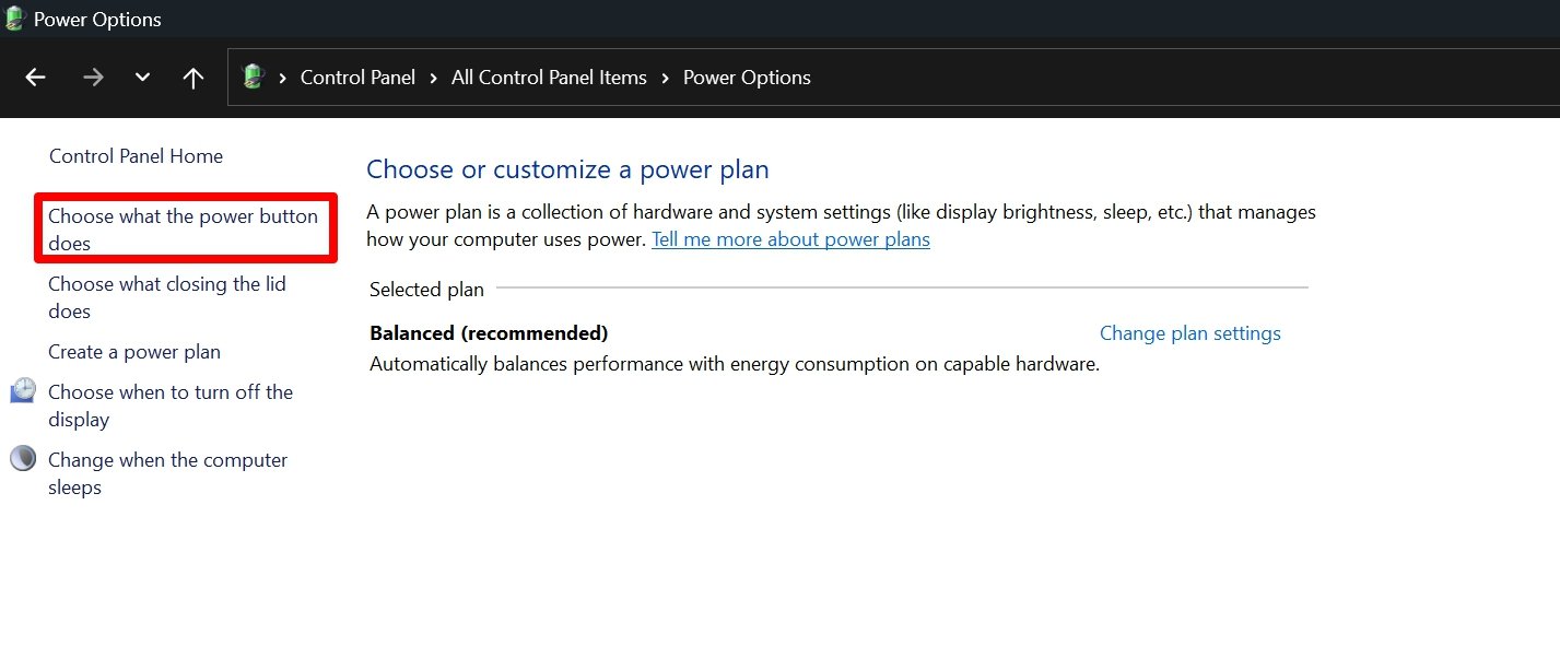 Выбор действий кнопок питания Windows 11