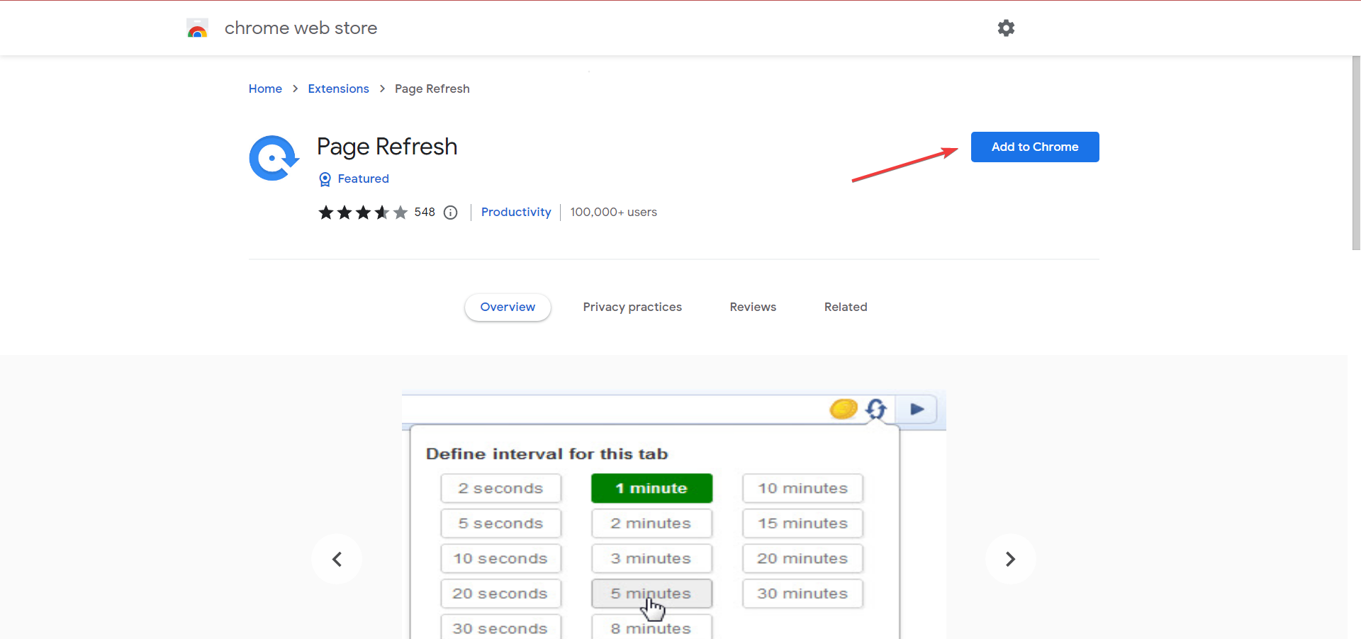 Кнопка «Добавить в Chrome» на странице расширения