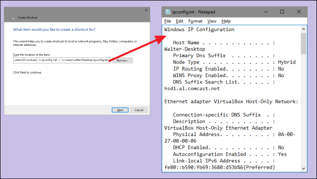 Сохранение вывода команды ipconfig в файл на рабочем столе