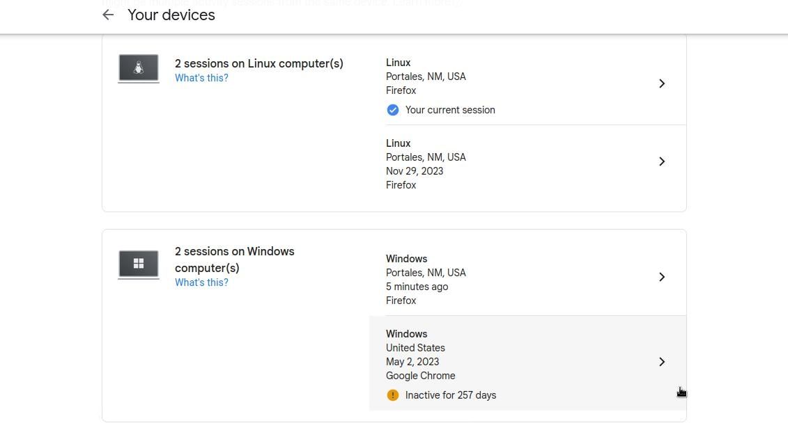 управление сессиями аккаунта Google и удаление неактивных устройств