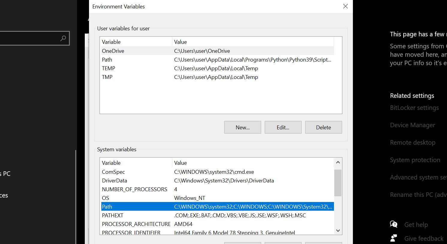 Список системных переменных в Windows, выделена Path