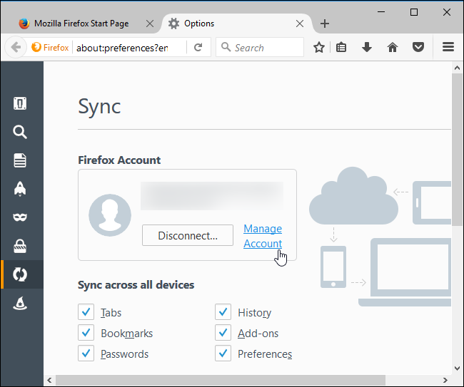 Страница параметров синхронизации и ссылка управление аккаунтом