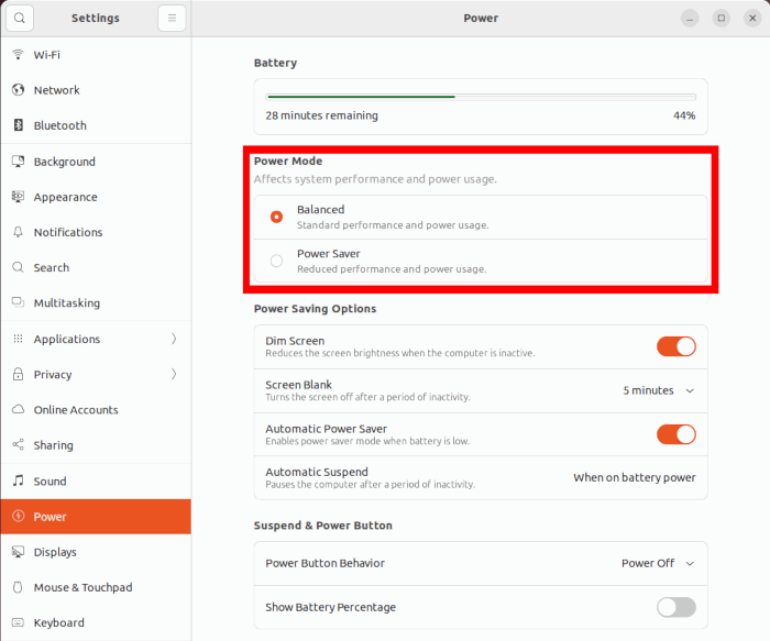 Настройка режима питания: опция «Balanced»