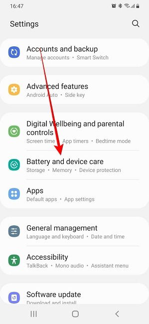 Pantalla Cuidado del dispositivo en Samsung