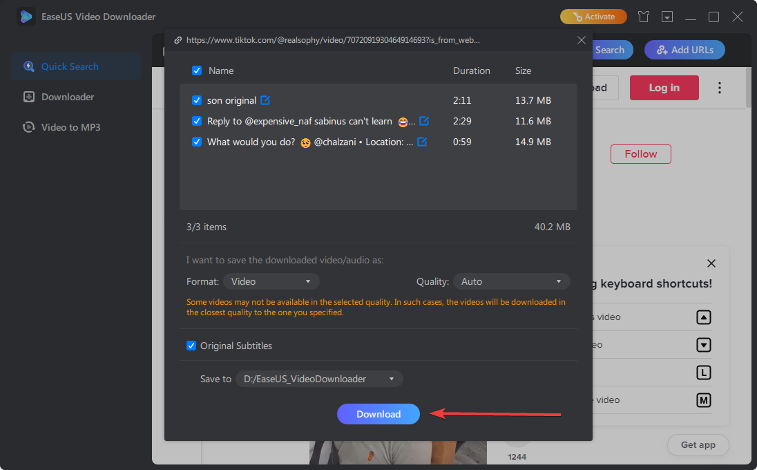 Анализ и кнопка загрузки в EaseUS Video Downloader