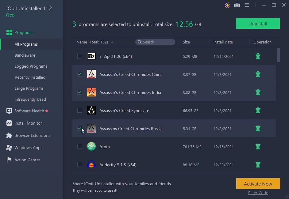 Выбор нескольких записей для удаления в IObit Uninstaller