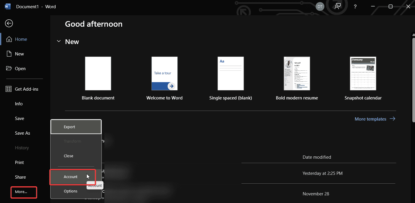 скриншот настроек учётной записи в Office