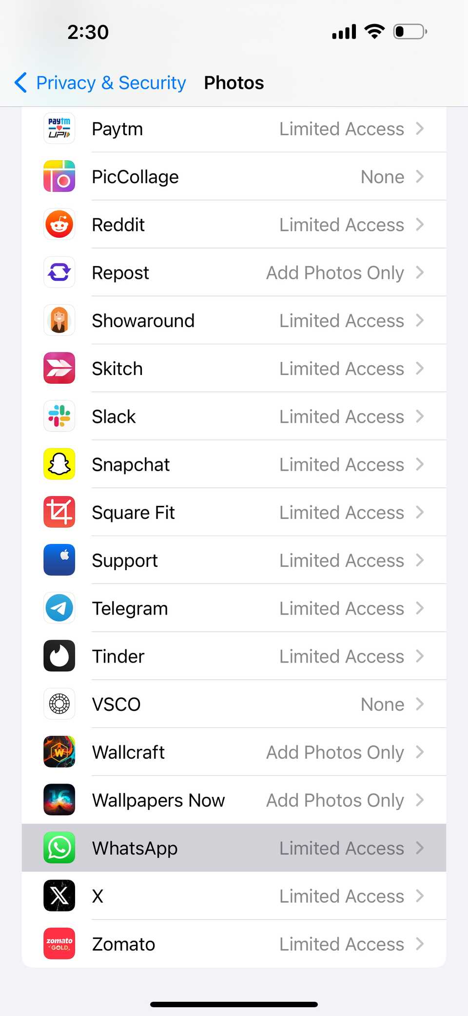 настройки доступа к Фото в iOS