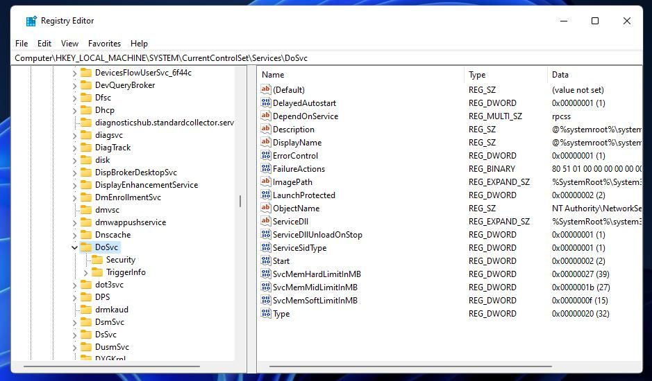 Ключ DoSvc в реестре