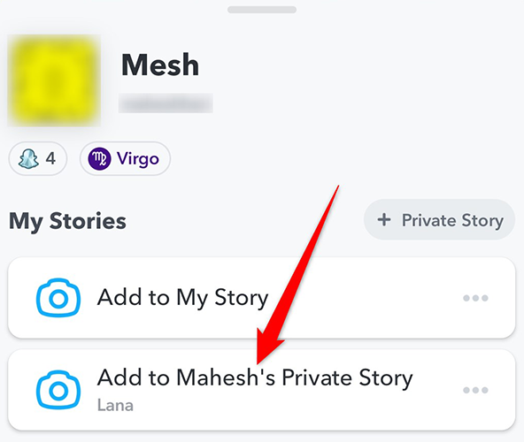 Нажмите приватную историю на странице профиля в Snapchat.