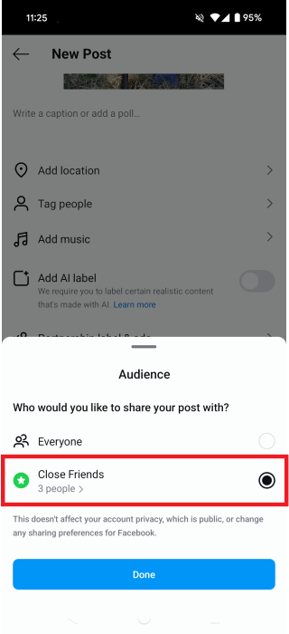 Выбор «Close Friends» для публикации или Reels
