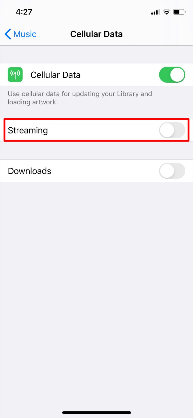 Опция потоковой передачи по сотовой сети в Apple Music