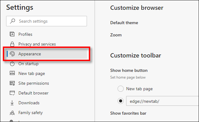 В настройках Edge откройте раздел «Внешний вид»