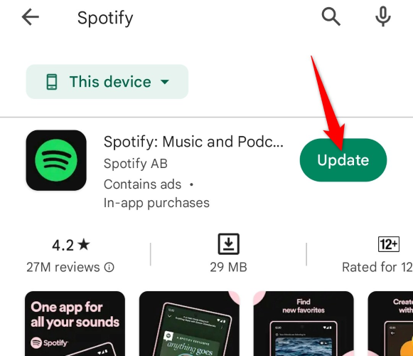 Выберите «Обновить» в Google Play