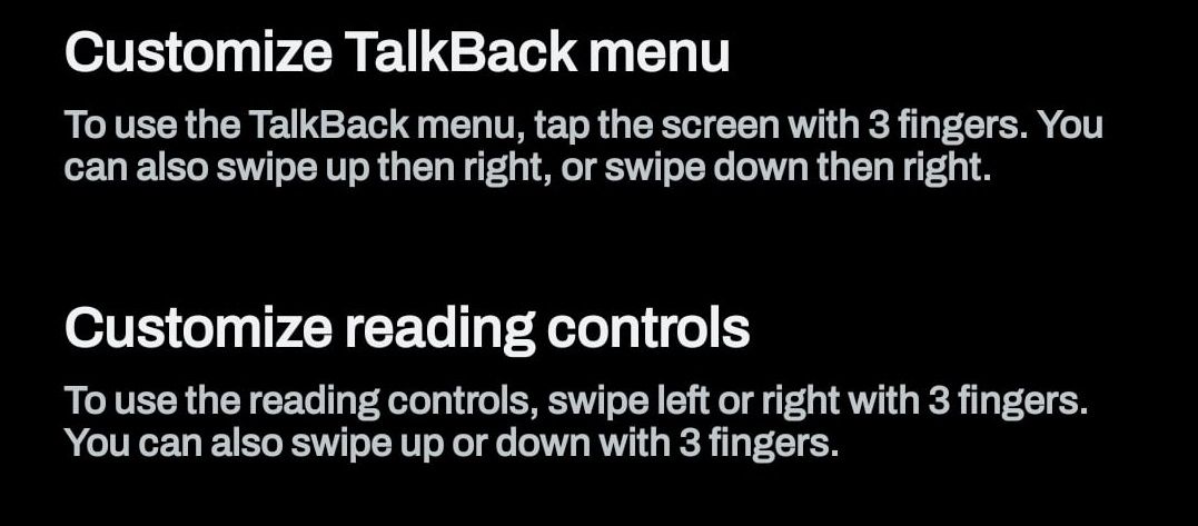 Меню настройки TalkBack
