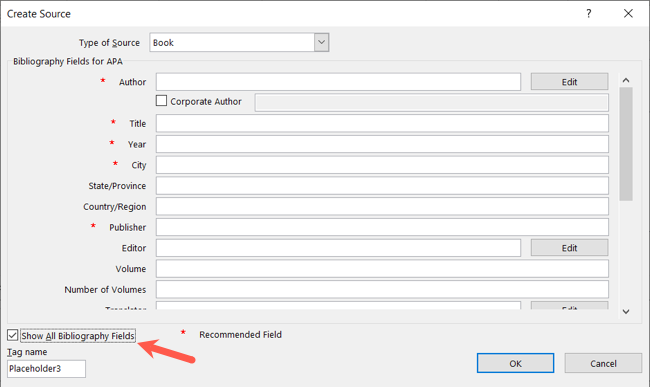 Показать все поля библиографии в окне создания источника