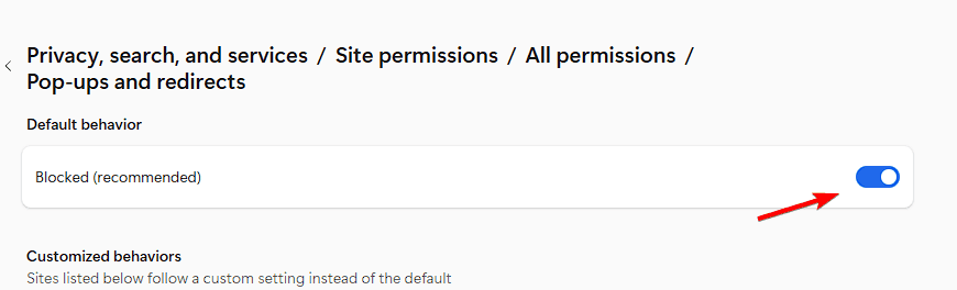Скриншот настройки «Всплывающие окна и перенаправления» в Edge на рабочем столе