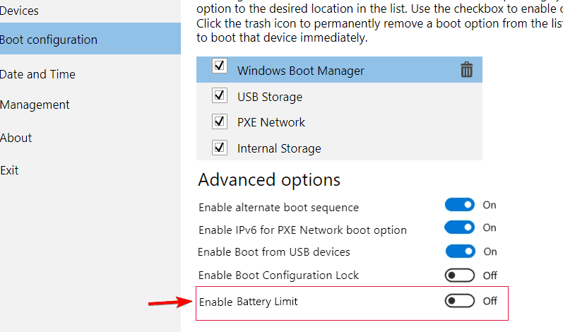 Экран UEFI с настройками батареи и Boot Configuration