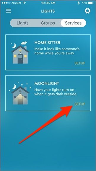 Кнопка Setup внутри блока Moonlight