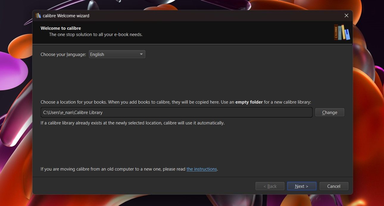 Using Welcome Wizard to Choose Location for Calibre Books 
