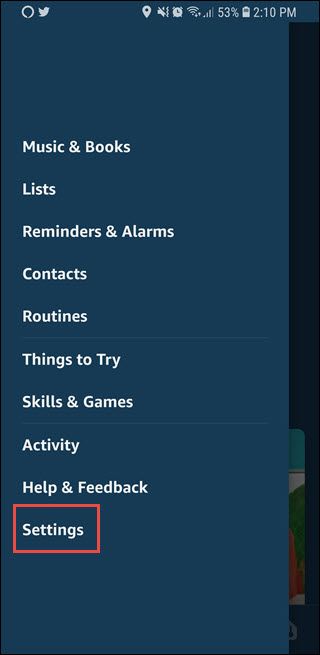 Экран настроек приложения Alexa