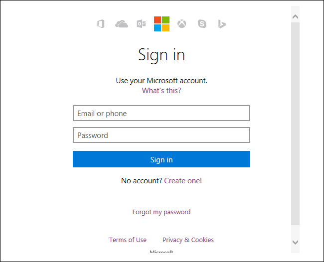Экран входа в Microsoft — введите адрес и пароль