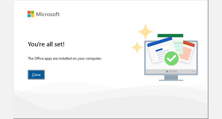 Оповещение об успешной установке Office на компьютере