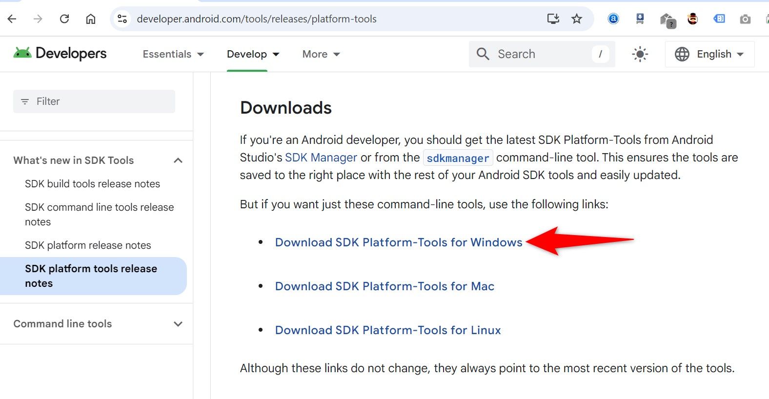 Версия Platform Tools для Windows выделена на странице Google Platform Tools.