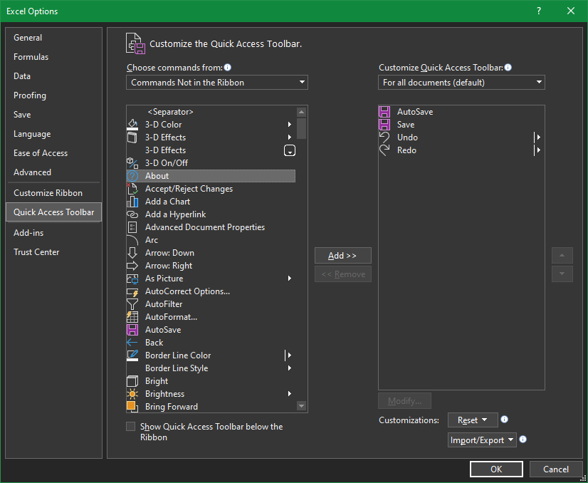 Excel QAT Add Remove Options