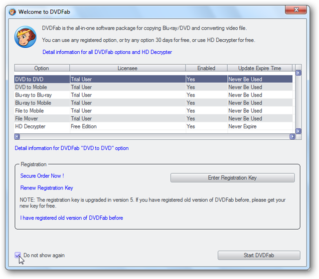 Экран приветствия DVDFab — параметр не показывать снова