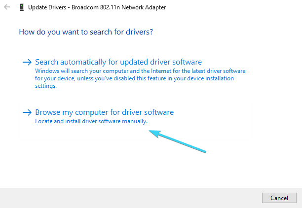Окно поиска драйвера на компьютере