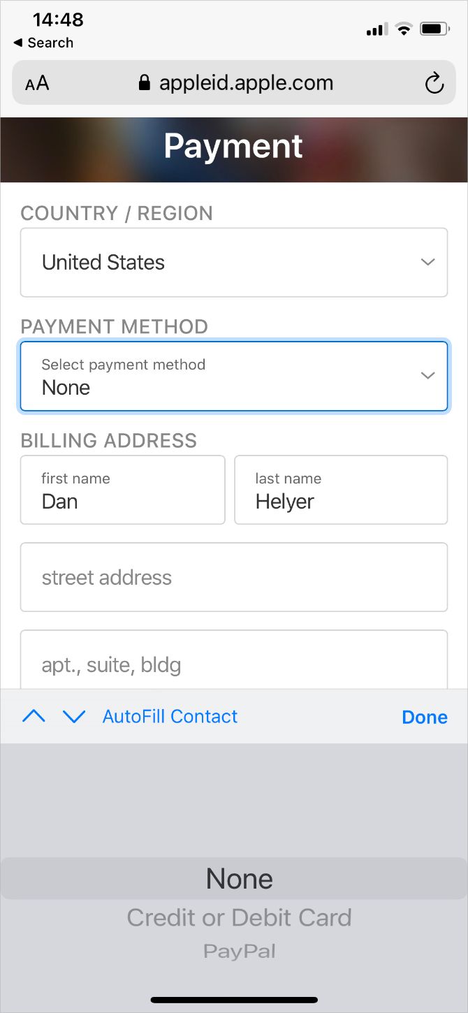 Опция None в способах оплаты Apple ID