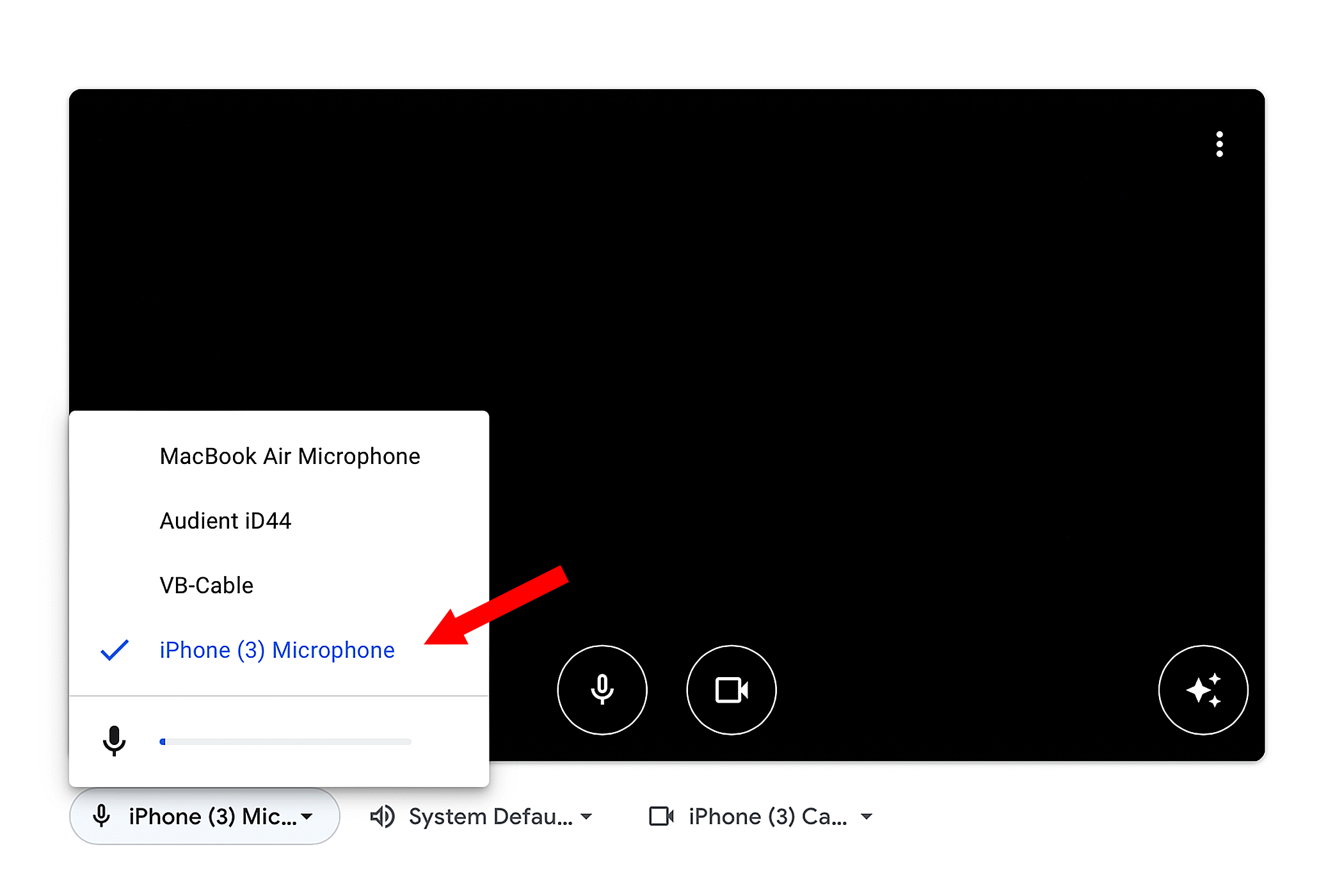 Выбор iPhone как микрофона в Google Meet.
