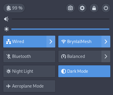Меню быстрого доступа GNOME с серой (неактивной) кнопкой Bluetooth