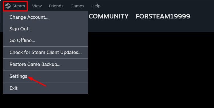 Пункт Настройки в меню Steam