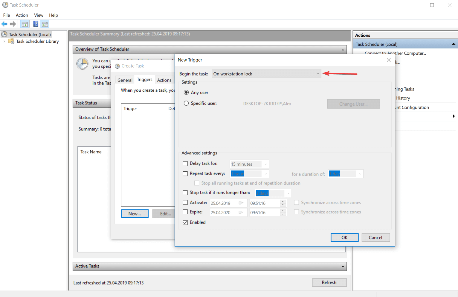 trigger on workstation lock windows 10