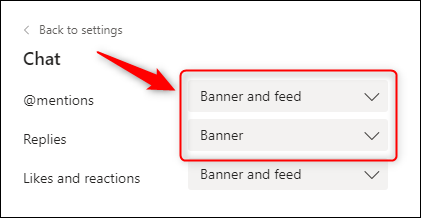 Параметры уведомлений для Чата: баннер и лента