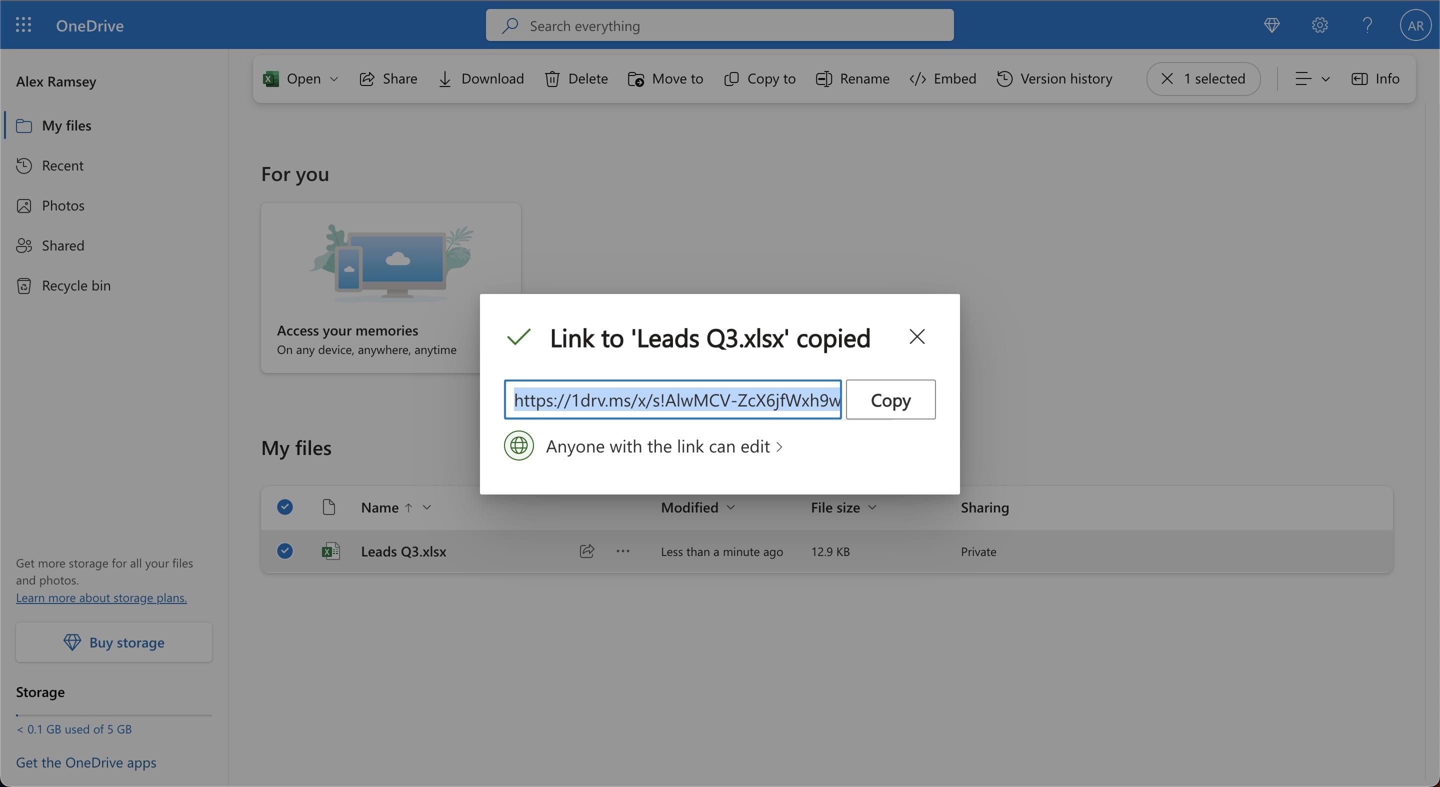 Подтверждение копирования ссылки на файл OneDrive
