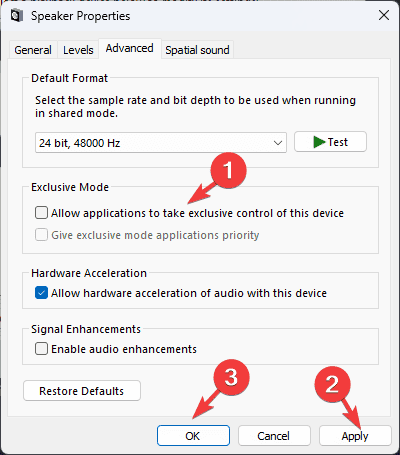 Отключение эксклюзивного режима для аудиоустройства