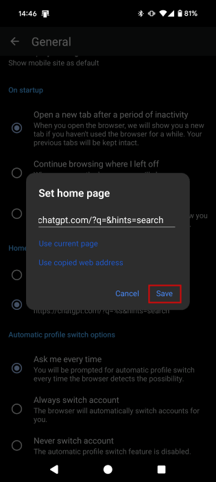 Сохранение адреса домашней страницы в Edge для Android.