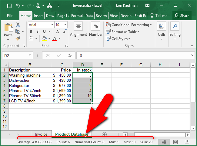 Статистика чисел в строке состояния Excel