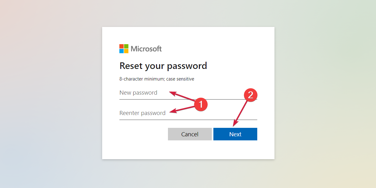 Ввод нового пароля в форме сброса