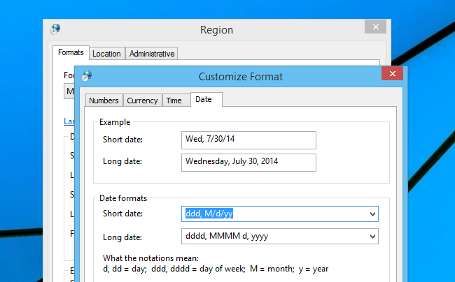 Параметры формата даты: поле 'Короткая дата'