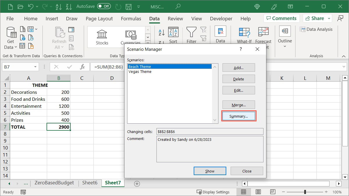 Кнопка Сводка в Диспетчере сценариев