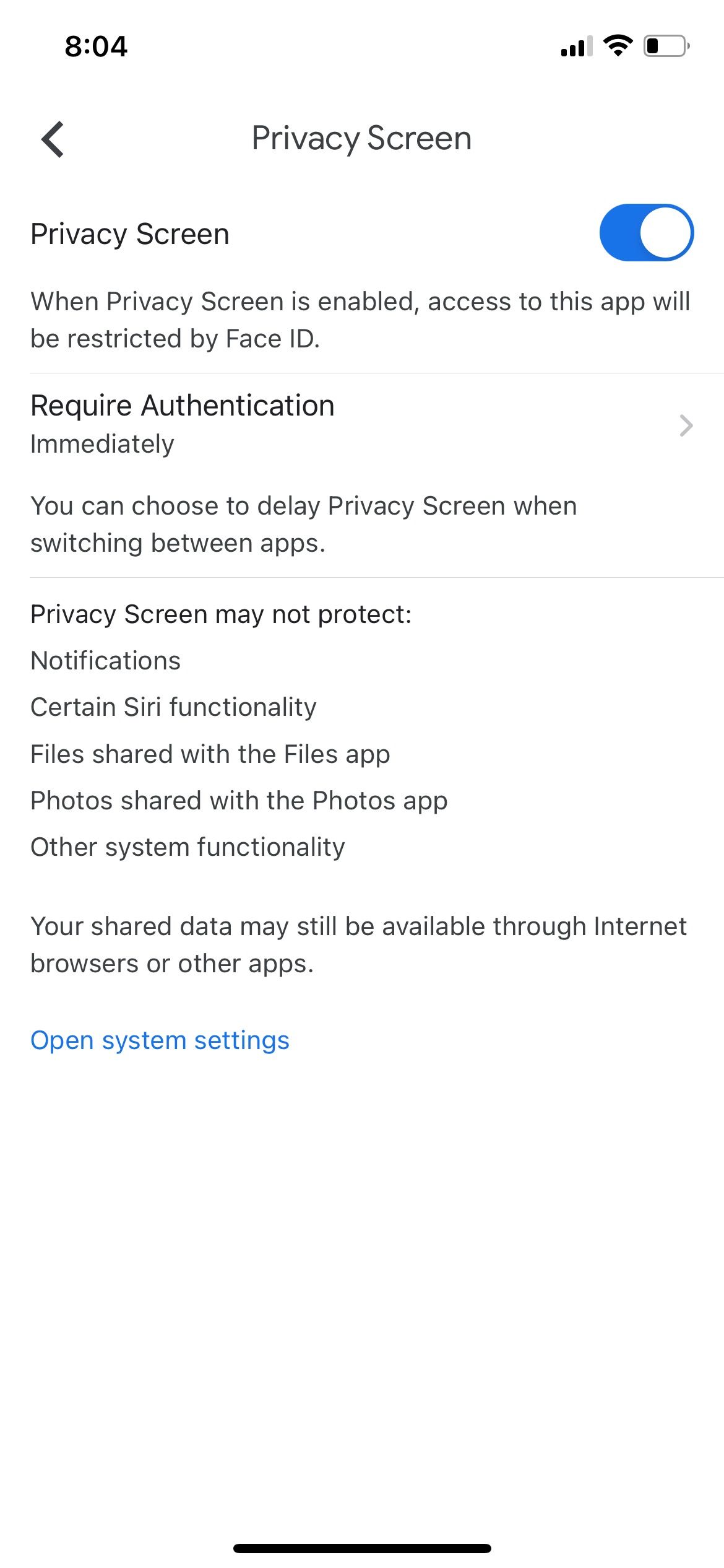 Параметры Privacy Screen на iPhone